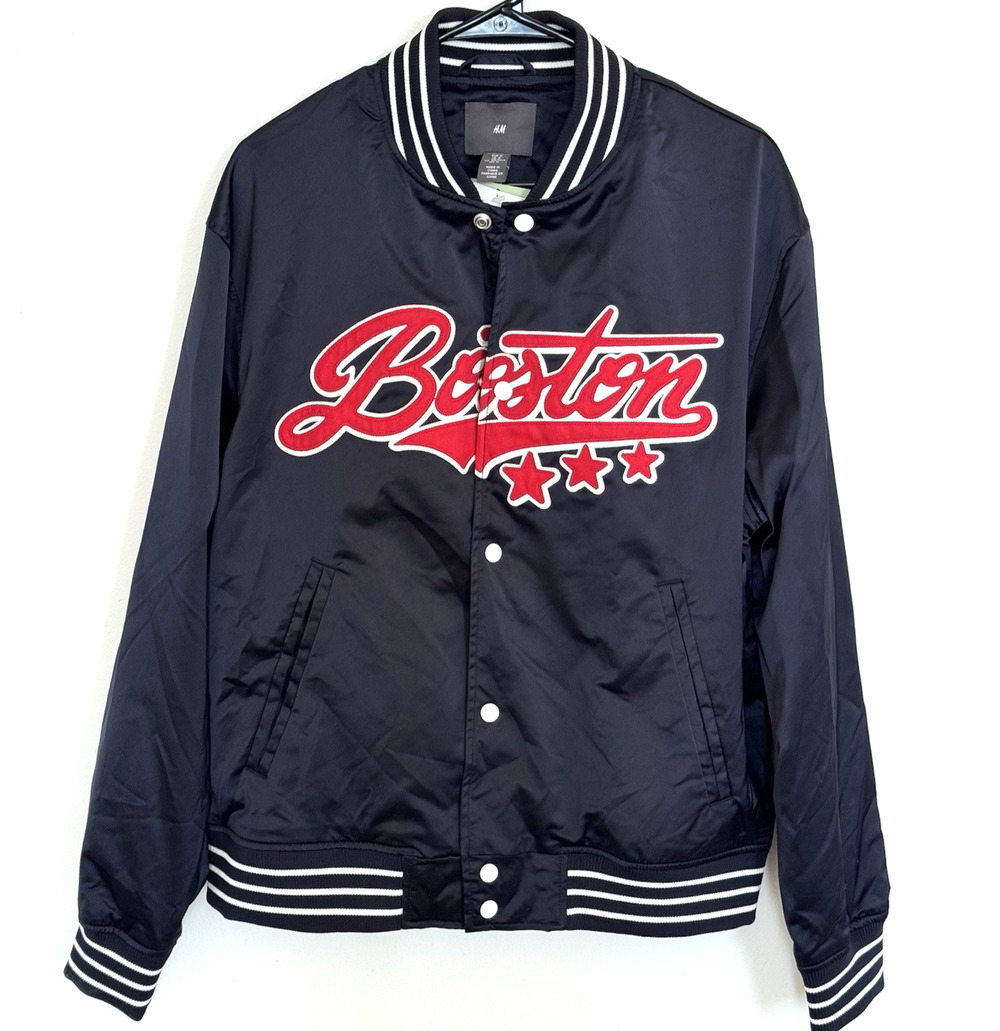 H&M Boston Varsity Bomber Jacket Men's Medium Black Satin Snap Front M.